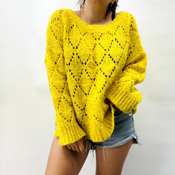 Sleeping On Snow Bright Yellow Open Knit Oversized Sweater - Picture 1 of 4